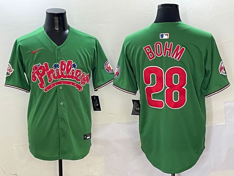 Men Philadelphia Phillies 28 Bohm Green Fourth generation Joint Name Nike 2025 MLB Jersey style 1